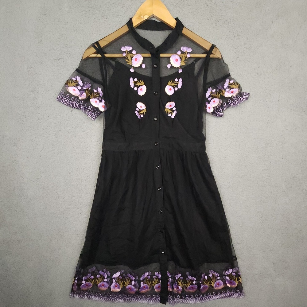 Silk Mesh Dress Womens Size Small Floral Embroidery Whimsigoth Fairy